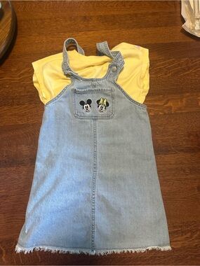 Denim Overall Dress with Mickey & Minnie Patch and Yellow Tee
